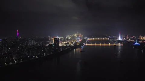 Juche Tower, Pyongyang morning panoramic view, North Korea Stock Footage 341755211