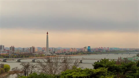 Juche Tower, Pyongyang morning panoramic view, North Korea Stock Footage 341758255
