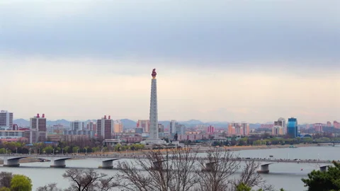 Juche Tower, Pyongyang morning panoramic view, North Korea 動画素材 341758329