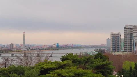 Juche Tower, Pyongyang morning panoramic view, North Korea 動画素材 341758563