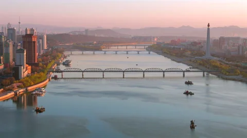 Juche Tower, Pyongyang morning panoramic view, North Korea 動画素材 342701418
