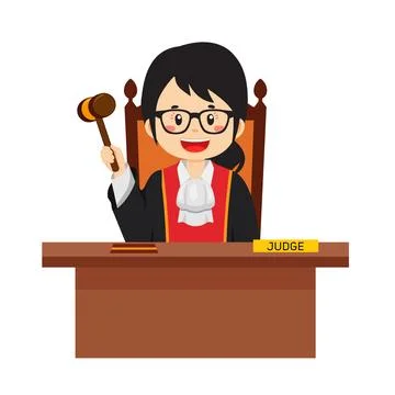 Judge Character Sitting Desk with Hammer Cartoon Stock Illustration