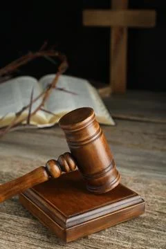Judge gavel on old wooden table, closeup Stock Photos