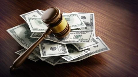 Judge gavel on stack of 100 dollar paper bills. 3D illustration イラスト素材