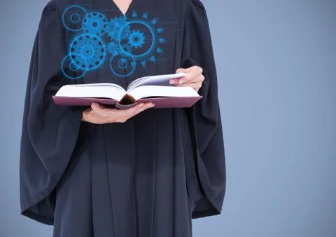 Judge mid section with blue interface and book against lilac background Stock Photos
