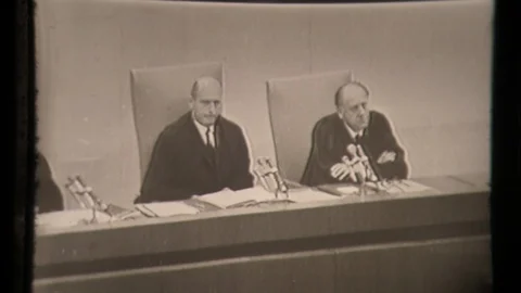 Judges in Adolf Eichmann Trial. Judges Moshe Landau, Benjamin Halevy and Yitzhak Stock Footage 129992802