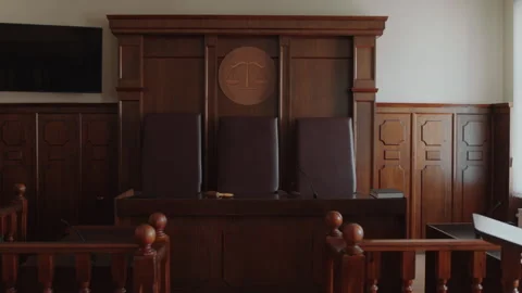 Judges Bench with Three Leather Chairs in Courtroom Stock Footage 281822596