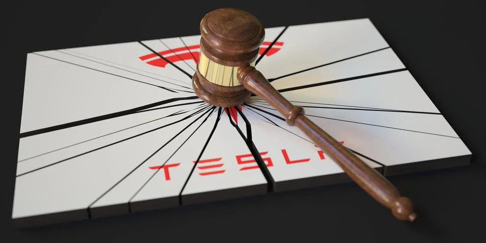 Judge's gavel and broken Tesla logo