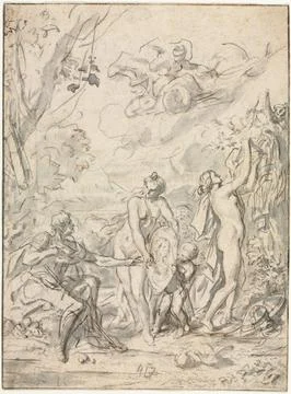 The Judgment of Paris, c. 1740-1750. France, 18th century. Black chalk and .. Illustrazione stock