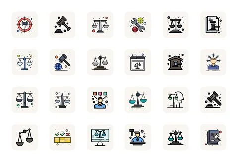 Judgment Vector Icon Collection with 24 256x256 LineFilled Designs Stock Illustration