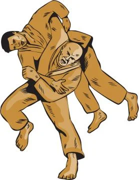 Judo Combatants Throw Front Etching Stock Illustration