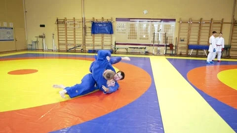 Judoists show captures and throws on each other Stock Footage 185437903