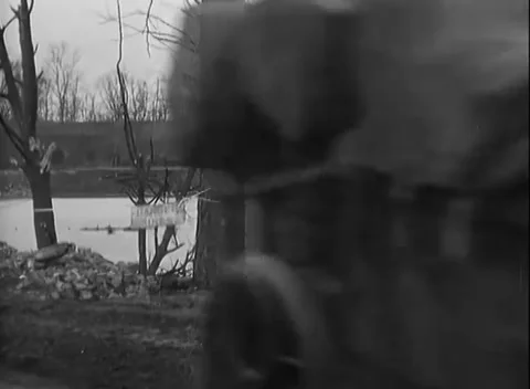 JUELICH, GERMANY - 1945: Shattered tree trunks - Rubble covers wet ground Stock Footage 344599324