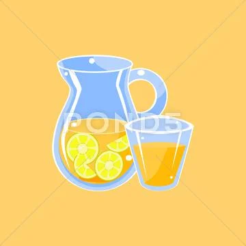 Vector illustration of a glass and a pitcher of lemonade. Stock
