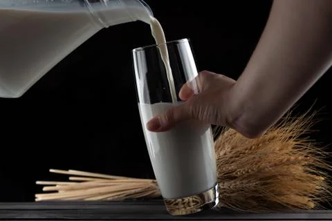 Jug of milk and a glass on a black background Stock Photos