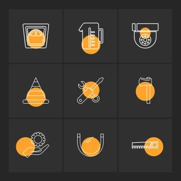 Jug , weight machine , cone, saw , axe , hardware , tools ,labour , construct Illustrazione stock