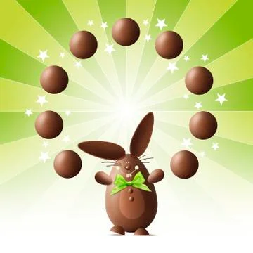 Juggler chocolate easter bunny with eggs and green ribbon bow isolated on sta Stock Illustration