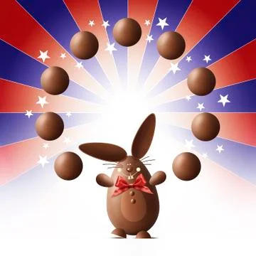 Juggler chocolate easter bunny with eggs and red ribbon bow isolated on stars Stock Illustration