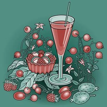 Juice, berries, sweets hand drawn illustration 스톡 일러스트