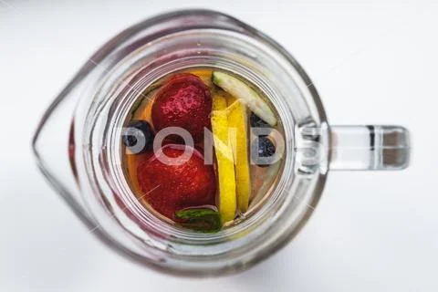 Juice in a decanter. fresh. top view. Summer time. Stock Photos