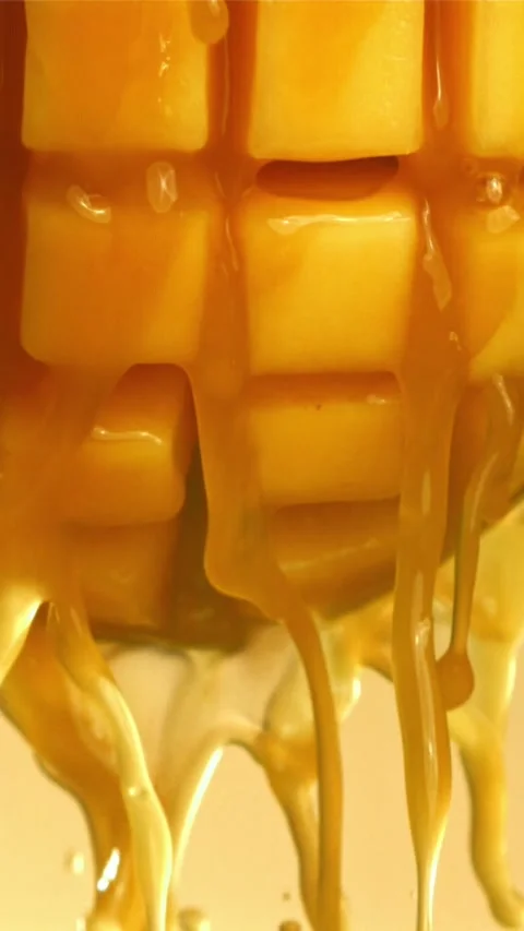 The juice flows through the sliced mango fruit. Filmed on a high-speed camera at Stock Footage 335320879