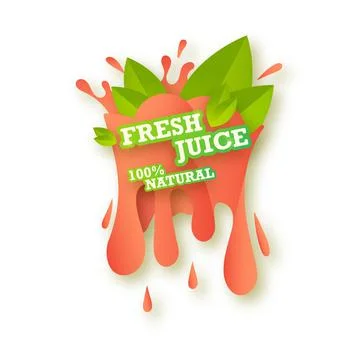 Juice fresh fruit label icon concept. Juicy drop and green leaves. Peach heal Stock Illustration
