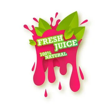 Juice fresh fruit label icon concept. Juicy drop and green leaves. Raspberry  Stock Illustration