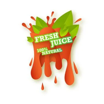 Juice fresh fruit label icon concept. Juicy drop and green leaves. Strawberry Stock Illustration
