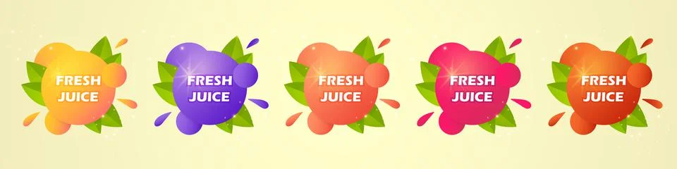 Juice fresh fruit set label icon. Orange, blueberry, peach, raspberry, strawb Stock Illustration