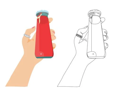 Juice in a glass bottle held by a human hand. Coloring. Doodle style, cartoon Stock Illustration