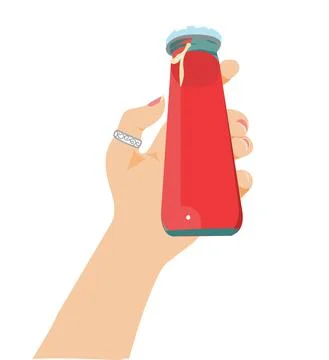 Juice in a glass bottle held by a human hand. Vector stock illustration isola Stock Illustration