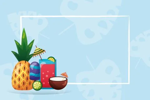 Juice ice cream pineapple lemon and coconut cocktail with frame vector design 스톡 일러스트