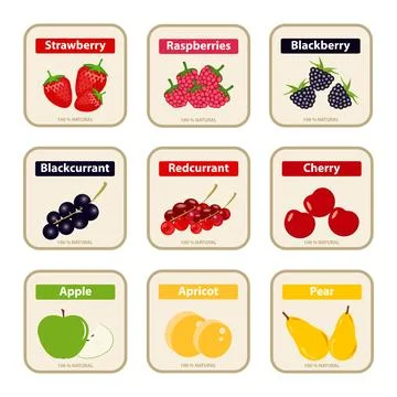 Juice labels, berry and fruit juice packaging label icons. Background image. Stock Illustration