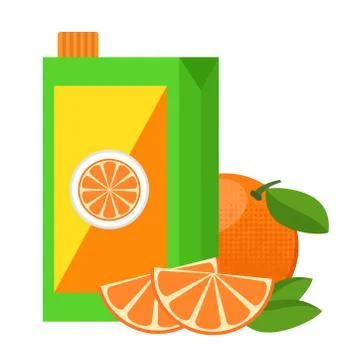 Juice pack and orange slices with green leaves in cartoon flat style on white Stock Illustration