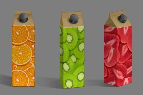 Juice package mockup, carton boxes with fruits Stock Illustration