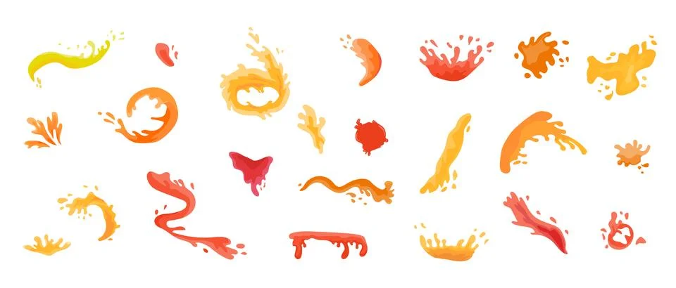 Juice splatter splashes elements set. Can used for liquid product - fruit drink. Stockillustratie
