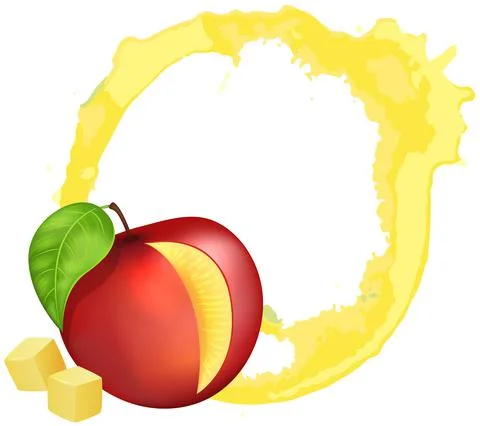 Juice stain, splashes and drops near ripe peach with pulp. Yellow fresh trace Stock Illustration