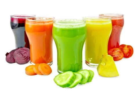 Juice vegetable in five glasses with vegetables Stock Photos