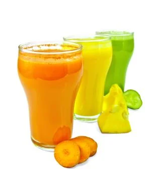Juice vegetable in three glasses with vegetables in row Stock Photos