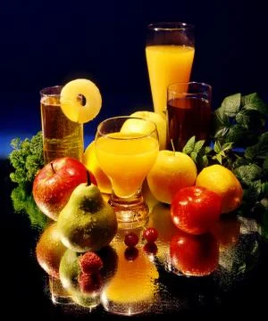 Juices, drinks, fruit and vegetables Stock Photos