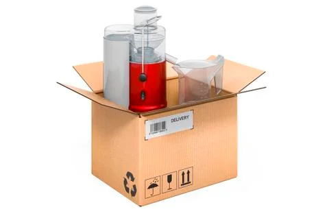 Juicing machine inside cardboard box, delivery concept. 3D rendering Illustrazione stock