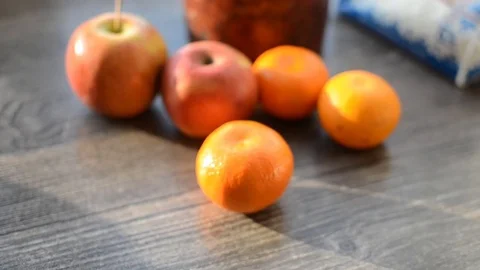 Juicy and tasty tangerines and apples close-up Stock Footage 76155053
