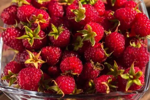 Juicy, appetizing, delicious raspberry closeup, postcard, background Stock-Fotos