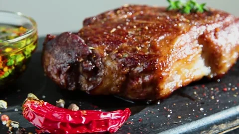 Juicy beef grilled steak, mutton roasted  close up rotation 360 degrees Stock Footage 131672015