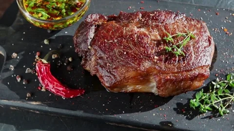 Juicy beef grilled steak, mutton roasted  close up rotation 360 degrees Stock Footage 131979959