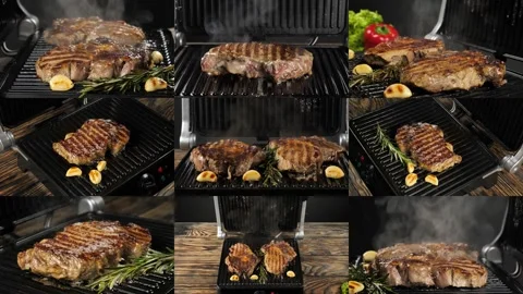 Juicy beef steak cooked on an electric grill. collage. grilled beef. Stock Footage 304737032