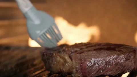 Juicy beef steak is fried on fire coals on grill in the charcoal oven. Stock-Footage 151645326