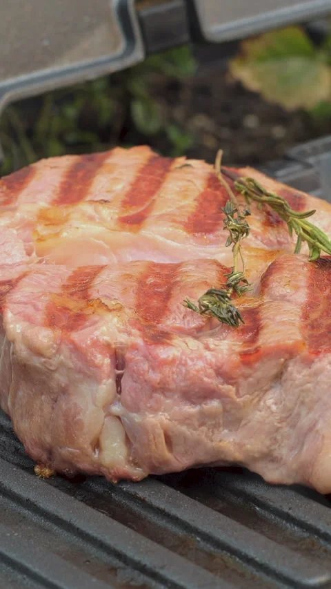 Juicy beef steak with rosemary is cooked on an electric grill Stock Footage 281144900