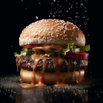 Juicy burger photorealistic illustration on abstract background. Stock Photos