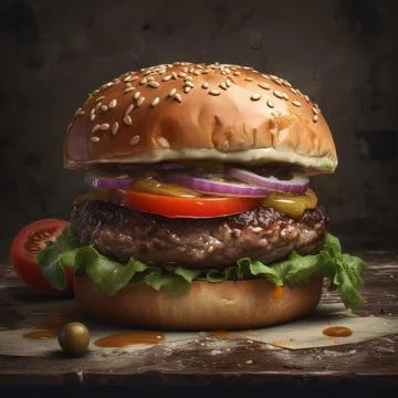 Juicy burger photorealistic illustration on abstract background. Stock Photos